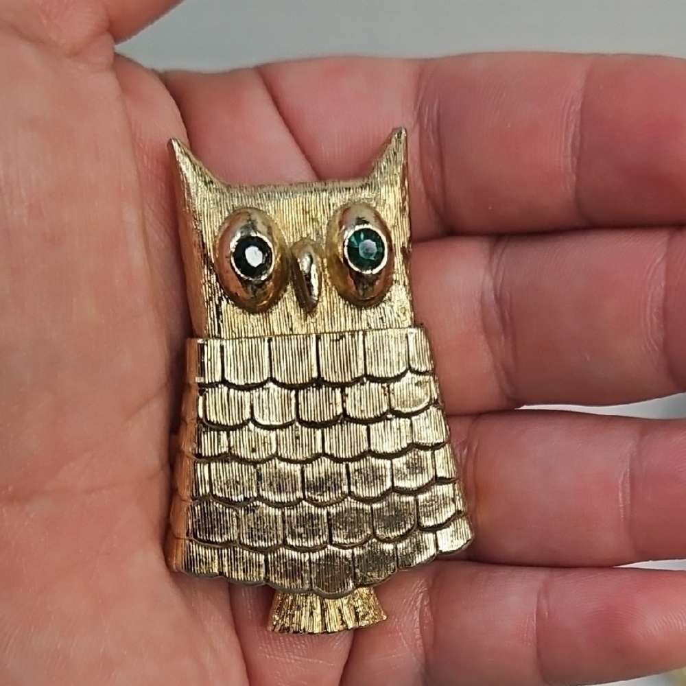 Gold Owl Brooch with Green Eyes
